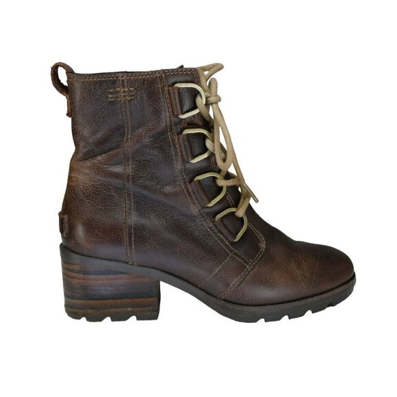 Sorel Cate Ankle Boots Women's 7 Brown Leather Lace Up Lug Block Heel Booties - Picture 2 of 11